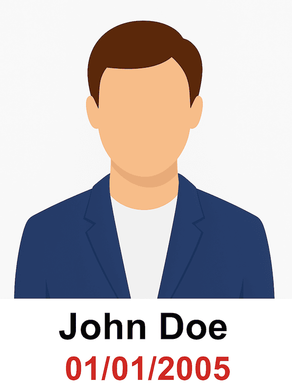 A flat vector illustration of a male avatar wearing a navy blazer on a plain background, with the text 'John Doe' and '01/01/2005' written below.